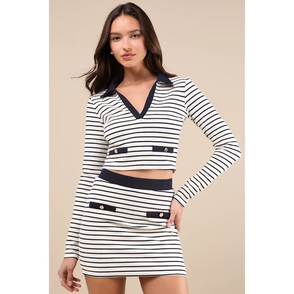NWT Lulus Navy White Striped Two Piece Set Knit Crop Top and Mini Skirt